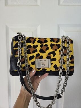 Prada Yellow Leopard Print Chain Shoulder Bag with Black Trim